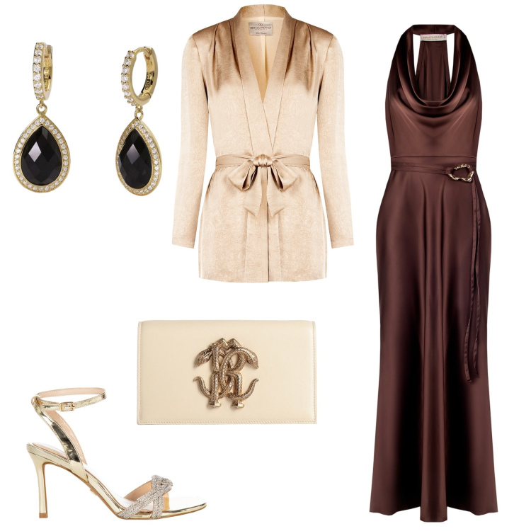 Outfit donna - Abito marrone da cerimonia. Stile Bon Ton per Cerimonia. Abbinamento con borse a mano, vestiti lunghi, blazer, sandali col tacco, orecchini.