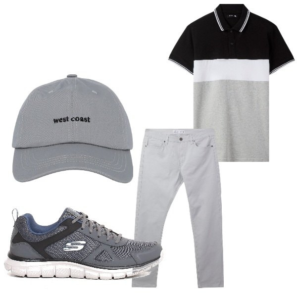 Outfit uomo - A righe. Stile Casual per Tutti i giorni. Abbinamento con cappelli con visiera, pantaloni skinny, polo, sneakers.