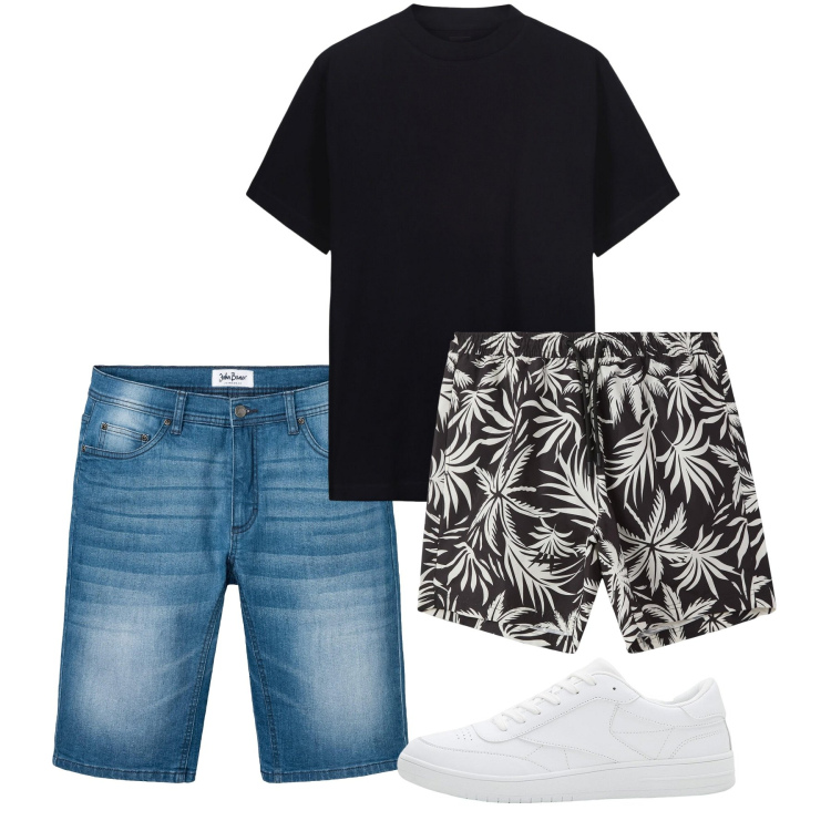 Outfit uomo - Mare. Stile Casual per Mare. Abbinamento con bermuda, sneakers, costumi, t-shirt.