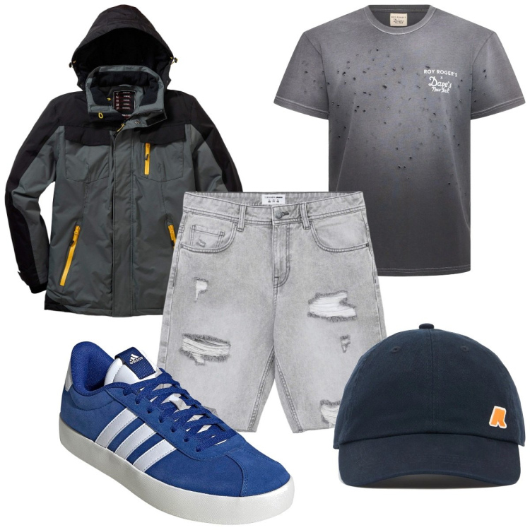 Outfit uomo - Total look #2167311. Stile Trendy per Tutti i giorni. Abbinamento con giacche, pantaloni corti, t-shirt, cappelli, sneakers.