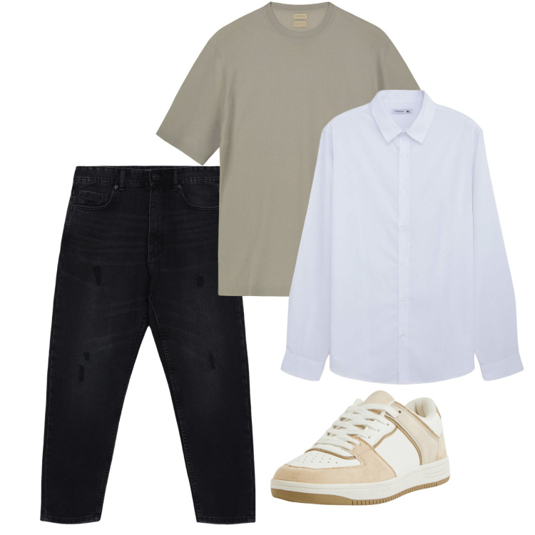 Outfit uomo - Maggio. Stile Casual per Serata speciale. Abbinamento con sneakers, jeans strappati, camicie, t-shirt.