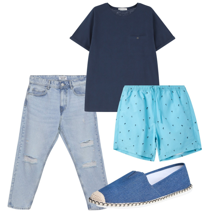 Outfit uomo - Blue sea. Stile Casual per Mare. Abbinamento con espadrillas, costumi, jeans strappati, t-shirt.