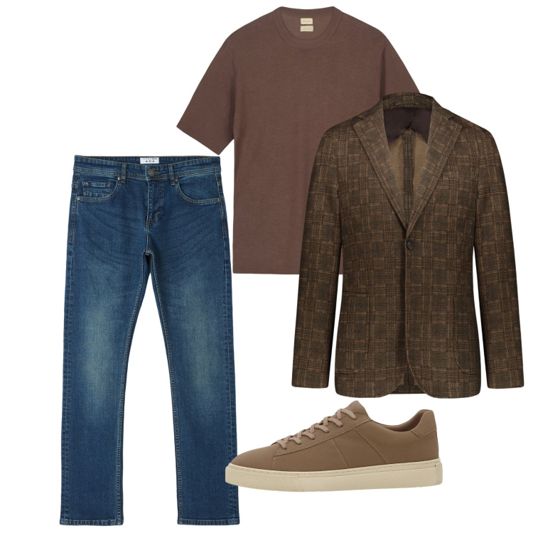 Outfit uomo - Maggio. Stile Casual per Tutti i giorni. Abbinamento con sneakers, jeans dritti, giacche, t-shirt.