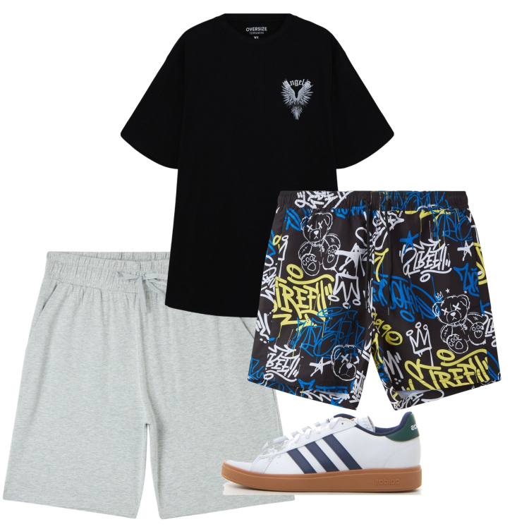 Outfit uomo - Mare. Stile Casual per Mare. Abbinamento con t-shirt, costumi, pantaloni corti, sneakers.