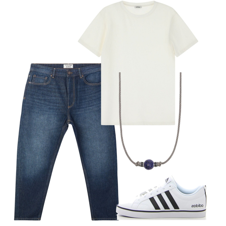 Outfit uomo - Blue point. Stile Casual per Tutti i giorni. Abbinamento con jeans, collane, t-shirt, sneakers.
