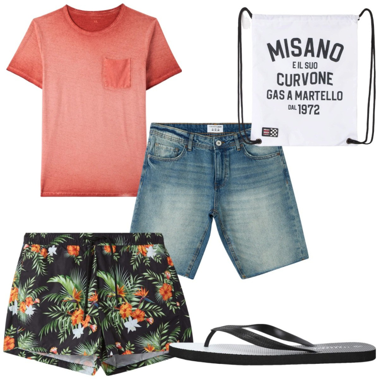 Outfit uomo - Total look #2167325. Stile Trendy per Mare. Abbinamento con borse sportive, bermuda, t-shirt, sandali, costumi.