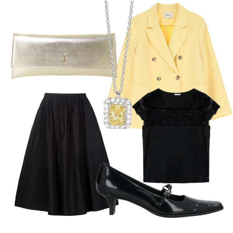 Outfit donna - Una punta di giallo. Stile Casual chic Abbinamento con décolleté, collane, pochette, blazer, t-shirt, gonne lunghe.