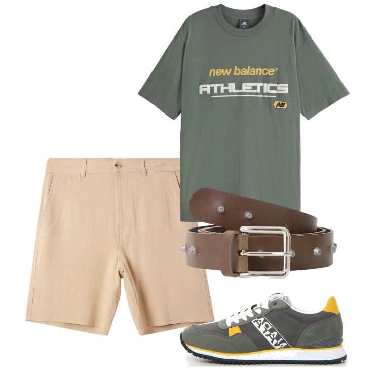 Outfit uomo - Pomeriggio caldo. Stile Casual per Tutti i giorni. Abbinamento con cinture, pantaloni corti, t-shirt, sneakers.