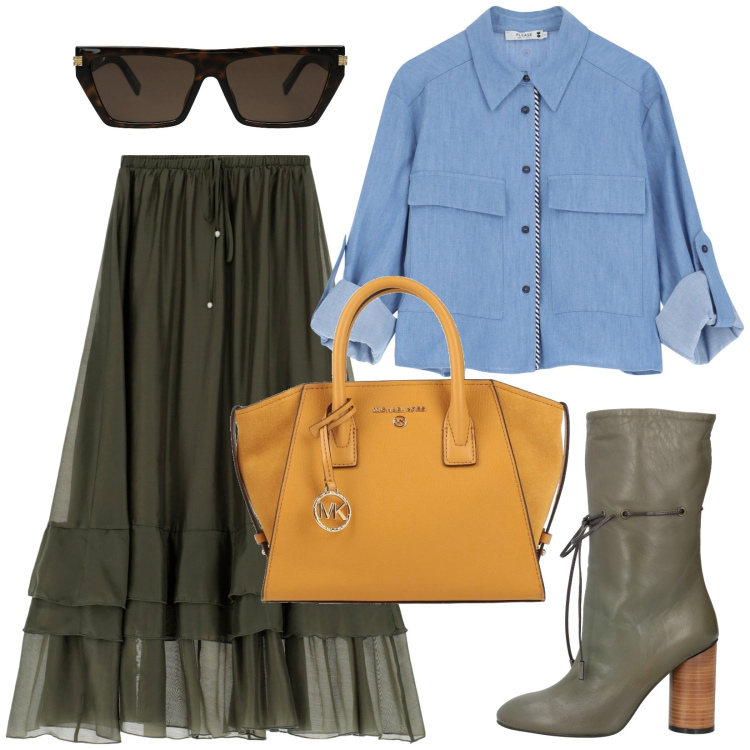 Outfit donna - Camicia in denim e gonna. Stile Urban per Tutti i giorni. Abbinamento con stivaletti, borse a mano, occhiali da sole, camicie, gonne lunghe.