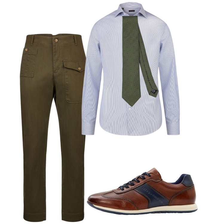 Outfit uomo - Maggio. Stile Casual per Ufficio. Abbinamento con sneakers, cravatte, camicie, pantaloni.