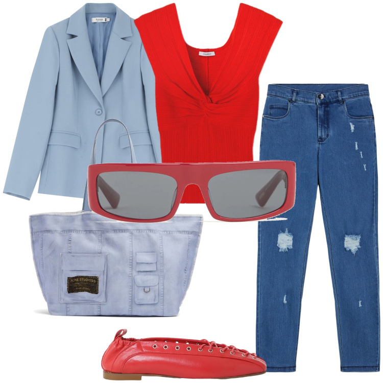Outfit donna - In ufficio i jeans used. Stile Urban per Ufficio. Abbinamento con blazer, jeans skinny, ballerine, shopping bag, occhiali da sole, t-shirt.