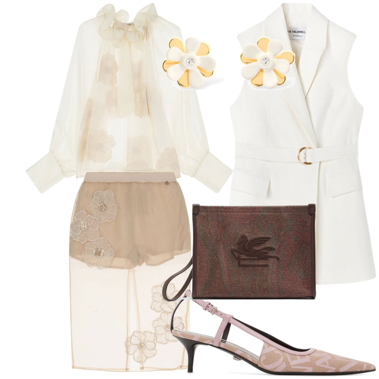 Outfit donna - Cerimonia in gilet. Stile Bon Ton per Cerimonia. Abbinamento con gonne, bluse, clutch, orecchini, décolleté, gilet.