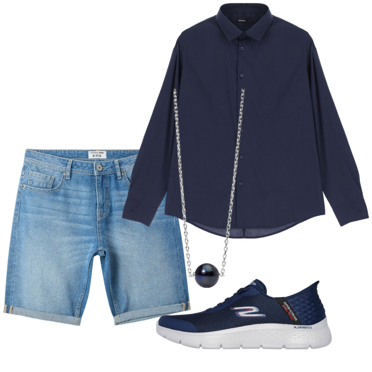 Outfit uomo - Maggio. Stile Casual per Tutti i giorni. Abbinamento con bermuda, collane, camicie, sneakers.