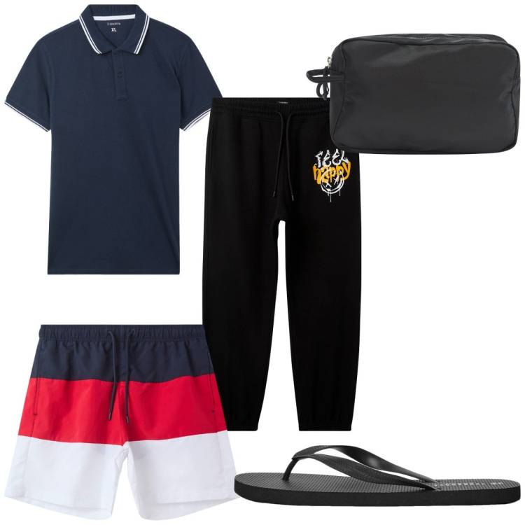 Outfit uomo - Total look #2167352. Stile Trendy per Mare. Abbinamento con polo, sandali, costumi, borse sportive, pantaloni.