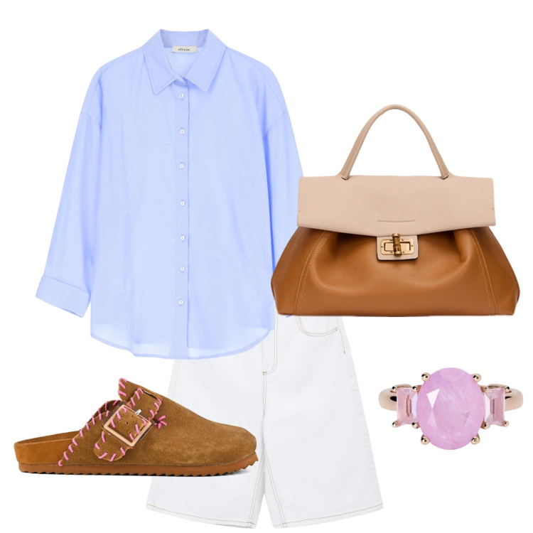 Outfit donna - Relax. Stile Casual per Tutti i giorni. Abbinamento con bermuda, anelli, camicie, sabot, borse a tracolla.