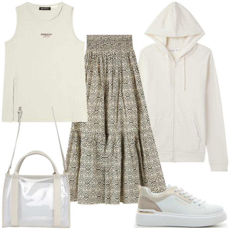 Outfit donna - Felpa e gonna. Stile Trendy per Tutti i giorni. Abbinamento con borse tote, gonne lunghe, felpe con cappuccio, canottiere, sneakers.