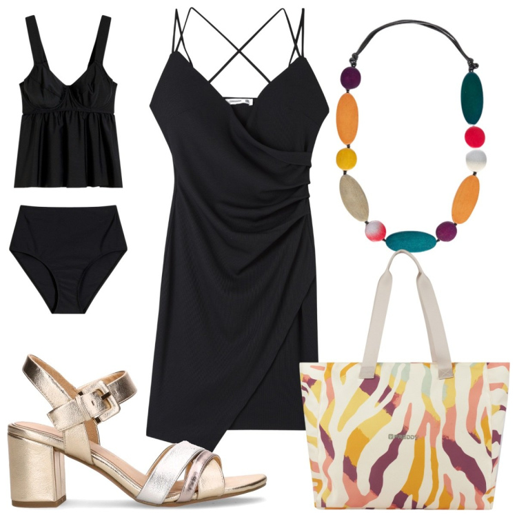 Outfit donna - Total look #2167362. Stile Trendy per Mare. Abbinamento con costumi interi, vestiti, shopping bag, collane, sandali col tacco.
