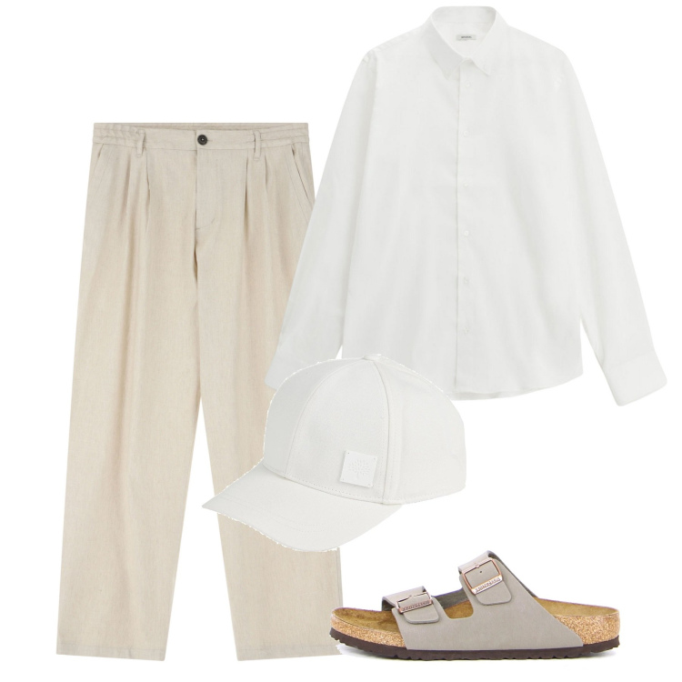 Outfit uomo - Summertime. Stile Trendy per Tutti i giorni. Abbinamento con cappelli con visiera, pantaloni, camicie, sandali.