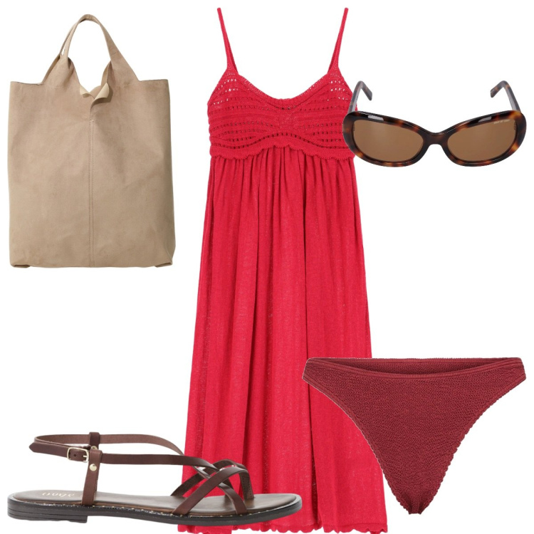 Outfit donna - Total look #2167372. Stile Minimal per Mare. Abbinamento con vestiti, shopping bag, sandali, occhiali da sole, bikini.