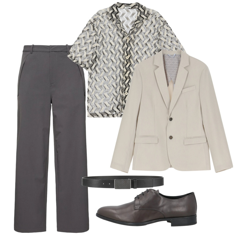 Outfit uomo - Maggio trendy. Stile Trendy per Tutti i giorni. Abbinamento con cinture, scarpe stringate, giacche, camicie a manica corta, pantaloni.