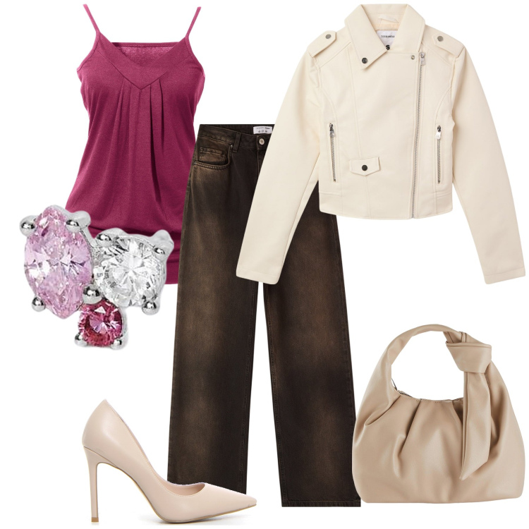 Outfit donna - Apericena. Stile Glamour per Serata fuori. Abbinamento con top, borse a mano, giacche, jeans, orecchini, décolleté.