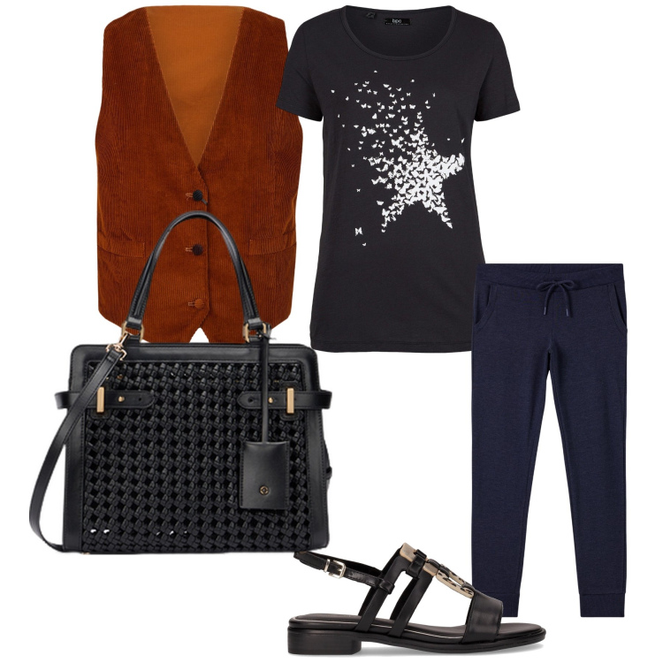 Outfit donna - Sotto la buona stella. Stile Urban per Ufficio. Abbinamento con t-shirt, pantaloni, gilet, borse a mano, sandali.