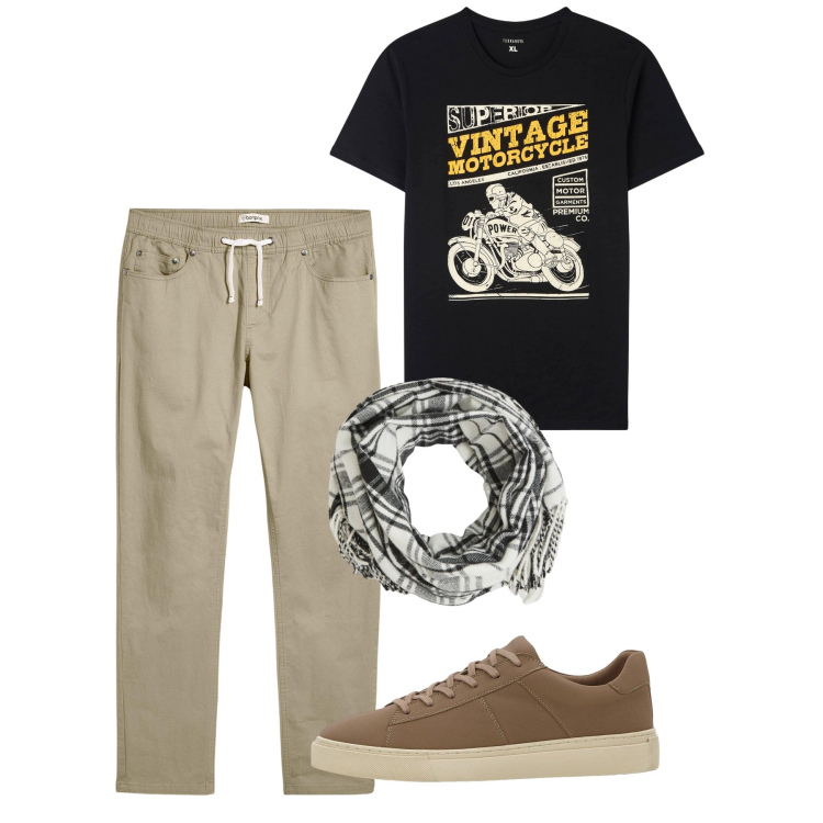 Outfit uomo - Pomeriggio. Stile Urban per Tutti i giorni. Abbinamento con pantaloni, sneakers, t-shirt, sciarpe.