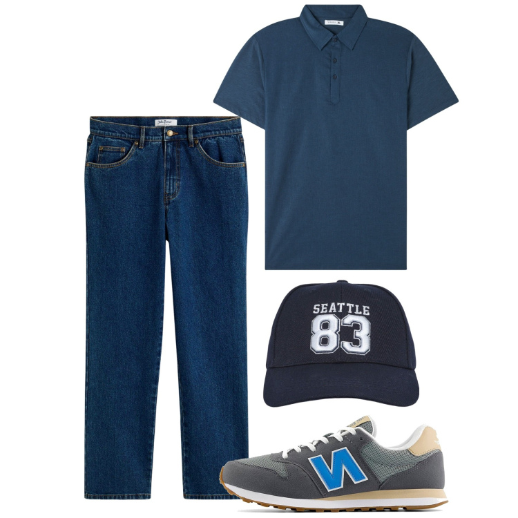 Outfit uomo - Maggio. Stile Casual per Tutti i giorni. Abbinamento con jeans dritti, polo, cappelli, sneakers.