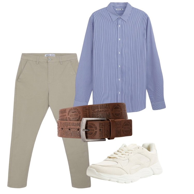 Outfit uomo - Maggio. Stile Casual per Tutti i giorni. Abbinamento con cinture, camicie, pantaloni chino, sneakers.