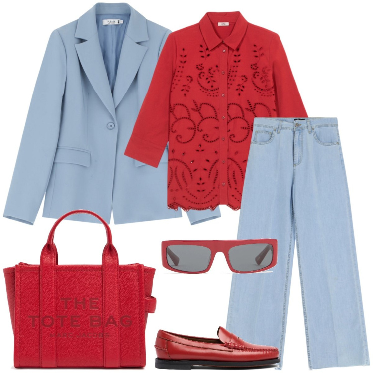 Outfit donna - San Gallo. Stile Casual chic per Tutti i giorni. Abbinamento con blazer, jeans, shopping bag, occhiali da sole, mocassini, camicie.