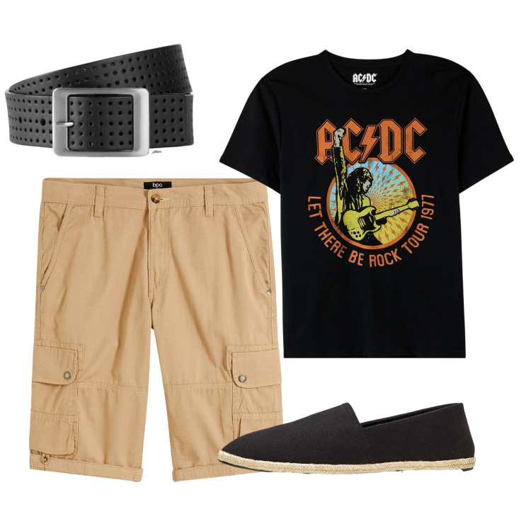 Outfit uomo - Rockeggiante. Stile Urban per Tutti i giorni. Abbinamento con espadrillas, cinture, bermuda, t-shirt.
