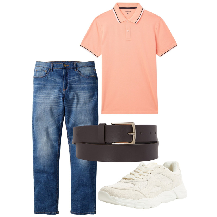 Outfit uomo - Maggio. Stile Casual per Tutti i giorni. Abbinamento con jeans dritti, polo, sneakers, cinture.