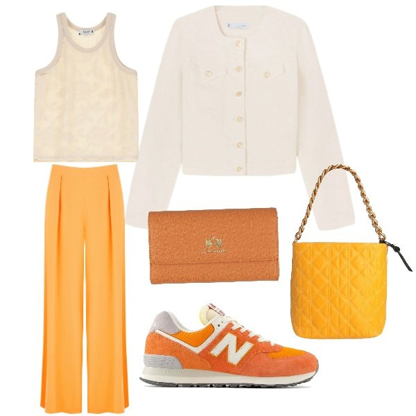 Outfit donna - in partenza per le Egadi. Stile Sporty chic per Tutti i giorni. Abbinamento con borse a mano, portafogli, sneakers, pantaloni, top, blazer.