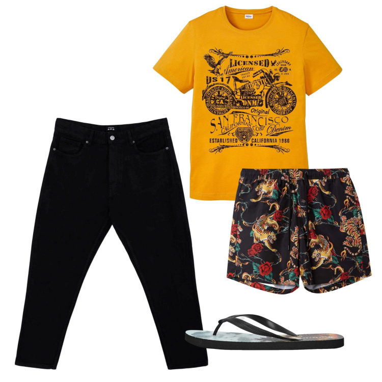 Outfit uomo - Lungomare. Stile Urban per Tutti i giorni. Abbinamento con t-shirt, pantaloni, sandali, costumi.