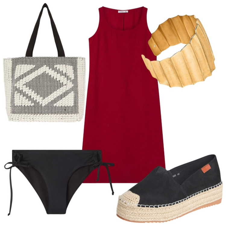 Outfit donna - Total look #2167392. Stile Etnico per Mare. Abbinamento con vestiti lunghi, espadrillas, bikini, shopping bag, braccialetti.