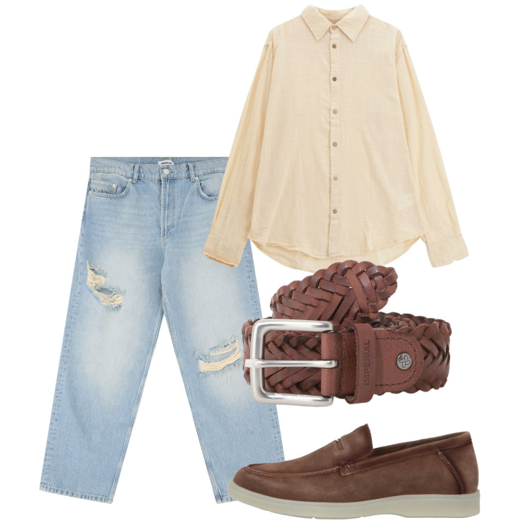 Outfit uomo - Maggio. Stile Casual per Tutti i giorni. Abbinamento con scarpe stringate, cinture, jeans strappati, camicie.