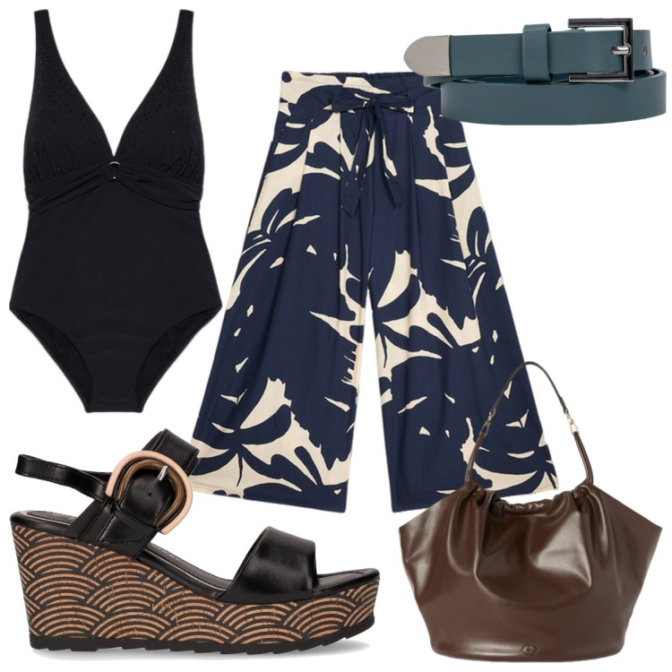 Outfit donna - Total look #2167395. Stile Trendy per Mare. Abbinamento con bikini, cinture, borse a secchiello, sandali col tacco, gonne.
