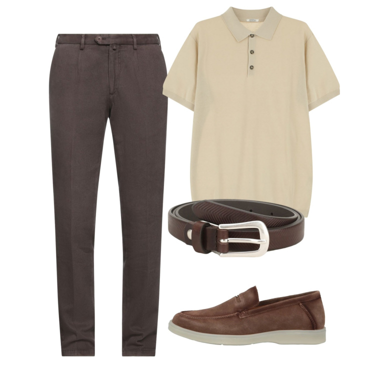 Outfit uomo - Maggio. Stile Casual per Tutti i giorni. Abbinamento con pantaloni, scarpe stringate, cinture, polo.