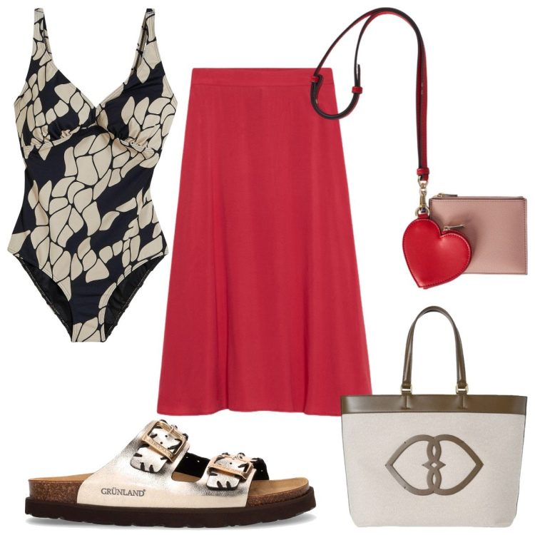 Outfit donna - Total look #2167401. Stile Trendy per Mare. Abbinamento con costumi interi, portafogli, shopping bag, gonne longuette, ciabatte.