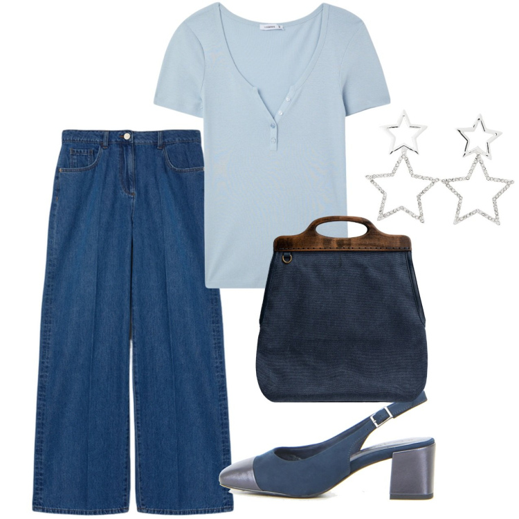 Outfit donna - Color cielo - @ambrosiajsi. Stile Casual chic per Tutti i giorni. Abbinamento con orecchini, t-shirt, borse a tracolla, jeans, décolleté.