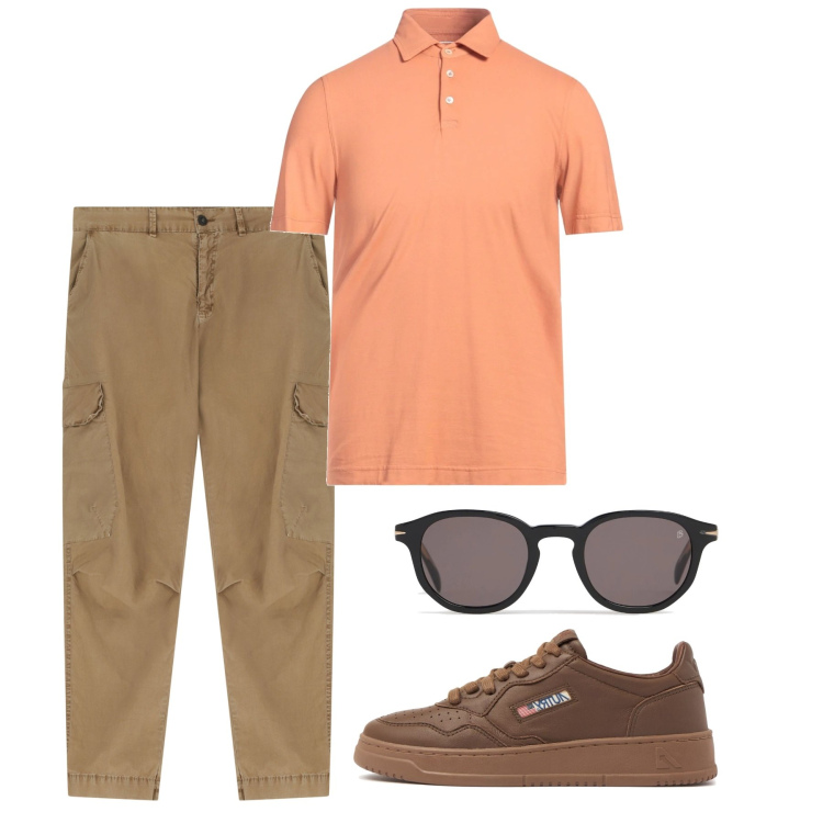 Outfit uomo - Maggio albicocca. Stile Casual per Tutti i giorni. Abbinamento con polo, pantaloni cargo, occhiali da sole, sneakers.