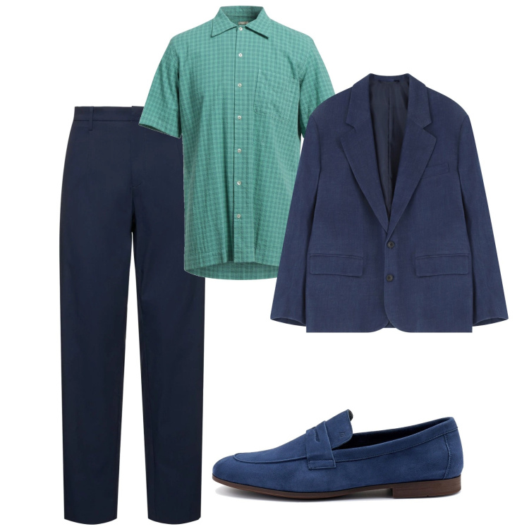 Outfit uomo - Maggio. Stile Casual per Tutti i giorni. Abbinamento con camicie a manica corta, giacche, scarpe stringate, pantaloni.