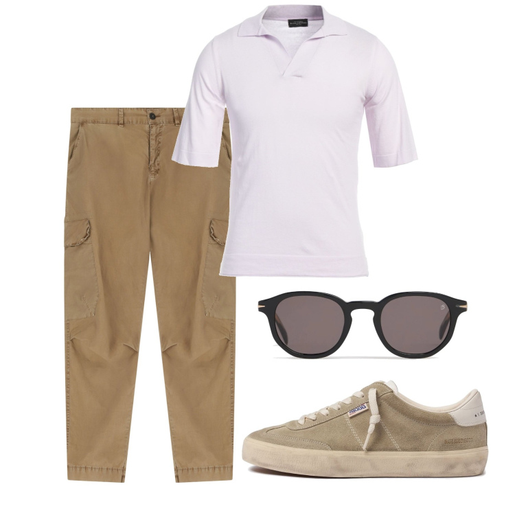 Outfit uomo - Maggio. Stile Casual per Tutti i giorni. Abbinamento con pullovers, pantaloni cargo, occhiali da sole, sneakers.