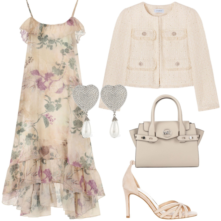 Outfit donna - La giacca chanellina. Stile Chic per Cerimonia. Abbinamento con borse a mano, vestiti lunghi, sandali col tacco, blazer, orecchini.