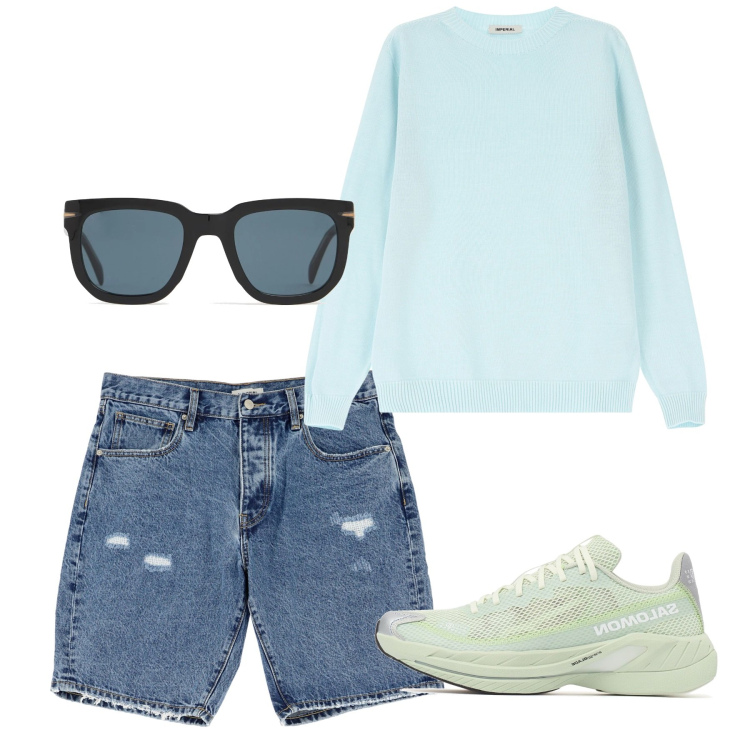 Outfit uomo - Maggio. Stile Casual per Tutti i giorni. Abbinamento con bermuda, maglieria, occhiali da sole, sneakers.