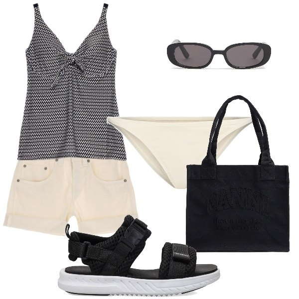 Outfit donna - in barca per Vulcano. Stile Urban per Mare. Abbinamento con sandali, shorts, costumi interi, occhiali da sole, shopping bag, bikini.