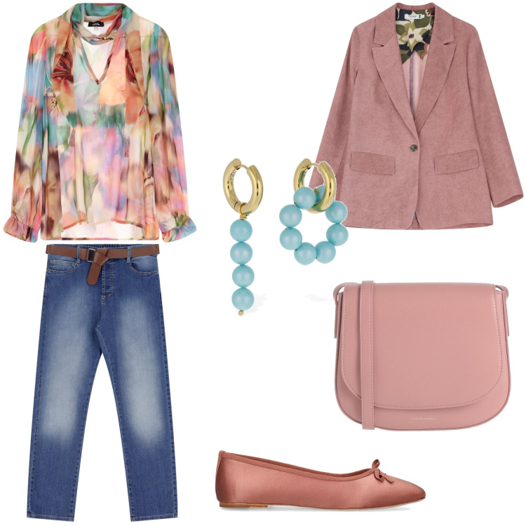 Outfit donna - Primavera. Stile Glamour per Serata fuori. Abbinamento con borse a tracolla, jeans dritti, blazer, camicie, ballerine, orecchini.