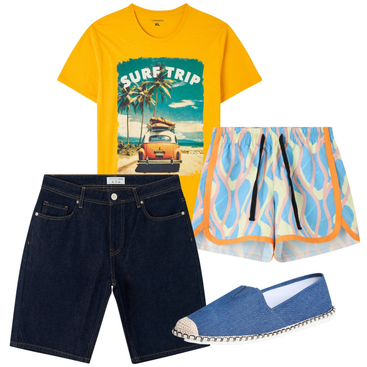 Outfit uomo - To the beach. Stile Casual per Mare. Abbinamento con bermuda, costumi, espadrillas, t-shirt.