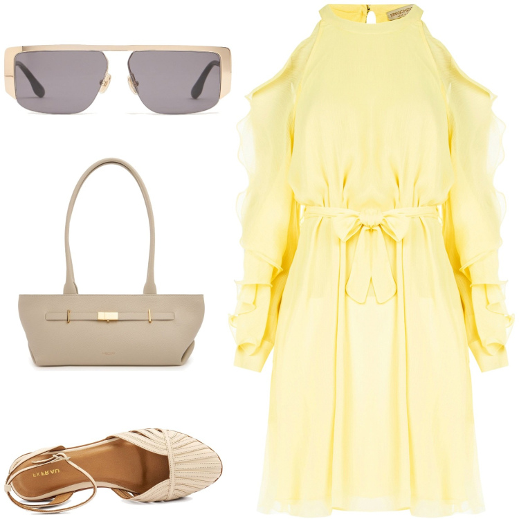 Outfit donna - Abito burro. Stile Romantica per Cerimonia. Abbinamento con vestiti corti, sandali, occhiali da sole, borse a spalla.