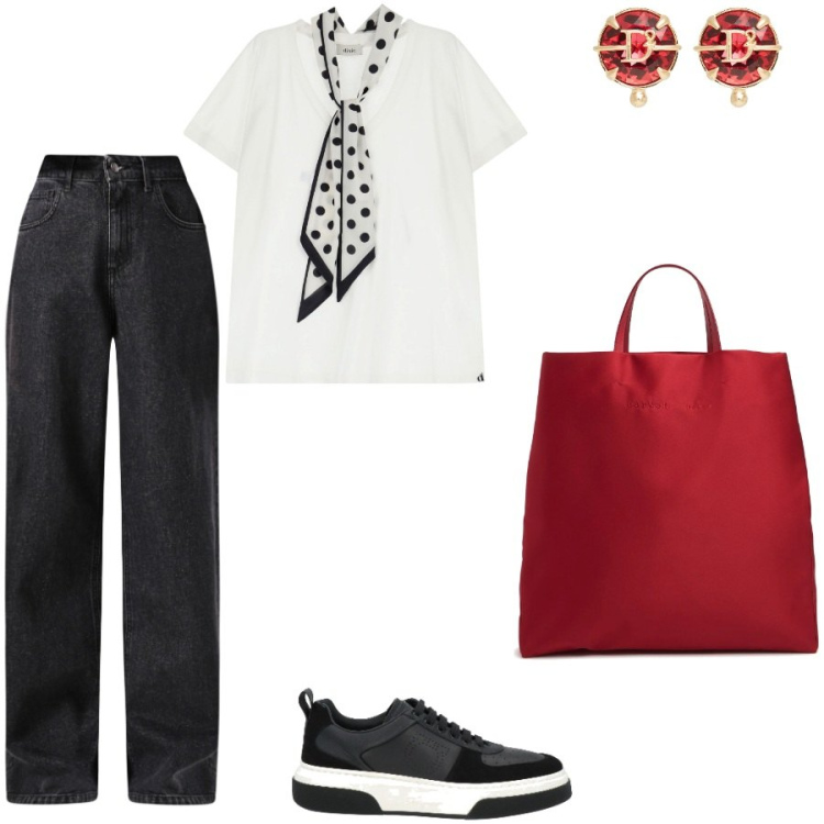 Outfit donna - The red bag. Stile Minimal per Ufficio. Abbinamento con sneakers, orecchini, t-shirt, jeans, shopping bag.